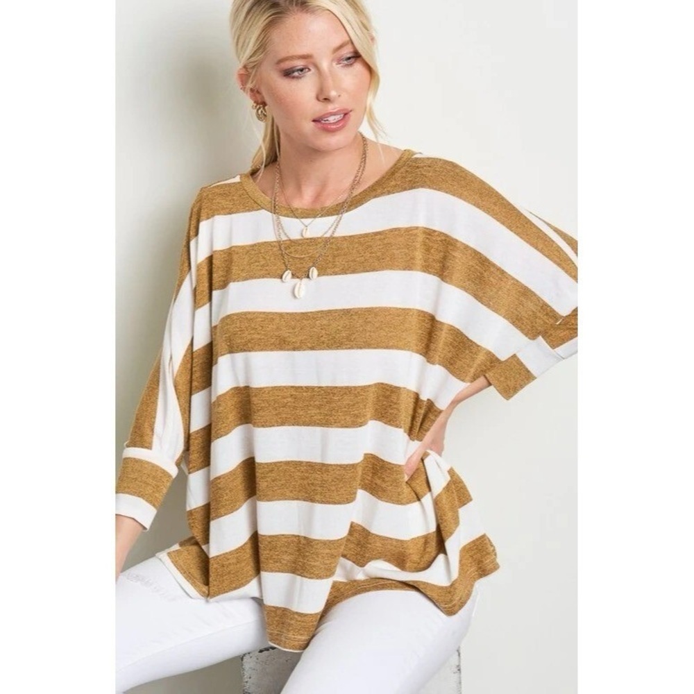 SIZE M OVERSIZED LA MIEL Golden Brown and White Striped Blouse